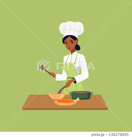 Woman in a chef's outfit cooking food on a stove top with a pot and pan on the counter, Woman in a chef's outfit cooking food on a stove top with a pot and pan on the counter, 138278085