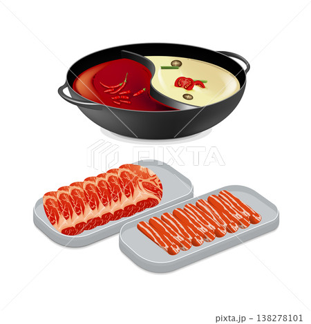 Chinese Hot Pot Set: Yin-Yang or Split Divided Pot with Two Broths (Spicy Red Chili and Creamy Herbal) and Platters of Raw Sliced Beef or Lamb, Vector Illustration on White Background Chinese Hot Pot Set: Yin-Yang or Split Divided Pot with Two Broths (Spicy Red Chili and Creamy Herbal) and Platters of Raw Sliced Beef or Lamb, Vector Illustration on White Background 138278101