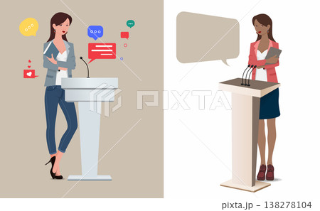 Title Professional Female Speaker Set: Business Women Giving Presentation at Podium with Speech Bubbles and Microphone, Minimalist Flat Vector Illustration for Conference or Seminar 138278104