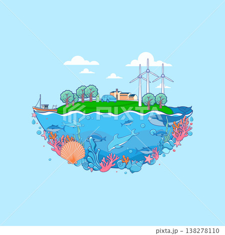 Ecology concept with wind turbines on the island. Vector illustration. 138278110