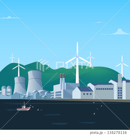 Power plant with wind turbines. Vector illustration in flat cartoon style.Concept of green renewable energy. 138278116