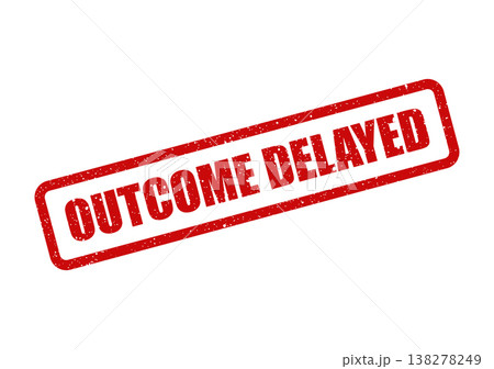 Rectangular red rubber stamp displaying OUTCOME DELAYED message, indicating a temporary postponement of results Rectangular red rubber stamp displaying OUTCOME DELAYED message, indicating a temporary postponement of results 138278249