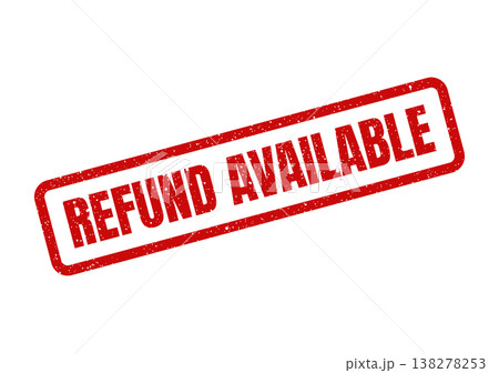 Rectangular red rubber stamp impression stating Refund Available with a distressed grunge effect 138278253