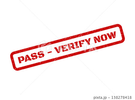 Red distressed rubber stamp icon with text PASS VERIFY NOW in grunge style for document approval 138278418
