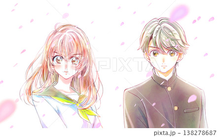 セーラー服の女子学生と学ランの男子学生　やる気　桜吹雪 138278687
