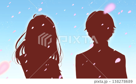 セーラー服の女子学生と学ランの男子学生 シルエット 桜吹雪 青空 セーラー服の女子学生と学ランの男子学生 シルエット 桜吹雪 青空 138278689