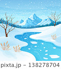 Beautiful Winter landscape with trees river and snowy mountains. 138278704
