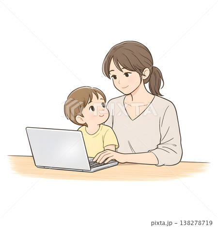 リモートワーク中に子供が隣にいる女性（シンプル手描きイラスト） 138278719