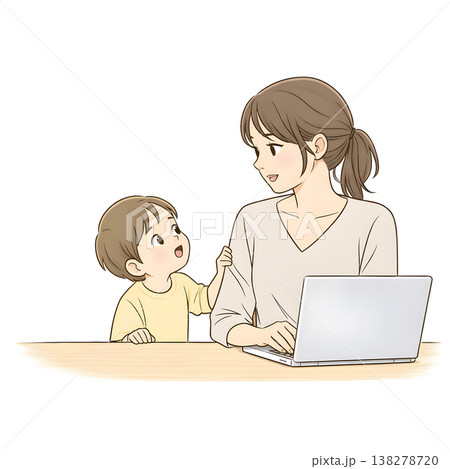 リモートワーク中に子供に話しかけられる女性(シンプル手描きイラスト) リモートワーク中に子供に話しかけられる女性(シンプル手描きイラスト) 138278720