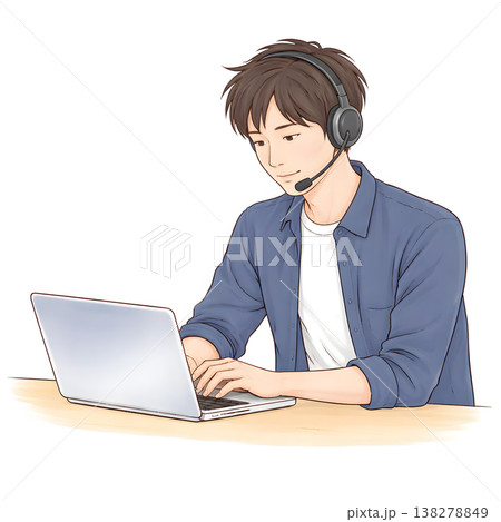 ヘッドセットをつけてリモートワークするエンジニア男性（シンプル手描きイラスト） 138278849