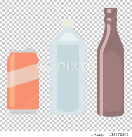 Illustrations of recyclable waste such as empty cans, empty plastic bottles, and empty glass bottles. Illustrations of recyclable waste such as empty cans, empty plastic bottles, and empty glass bottles. 138278861