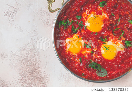 shakshuka, breakfast, fried eggs in tomato sauce, with spices and herbs, homemade, no people, shakshuka, breakfast, fried eggs in tomato sauce, with spices and herbs, homemade, no people, 138278885