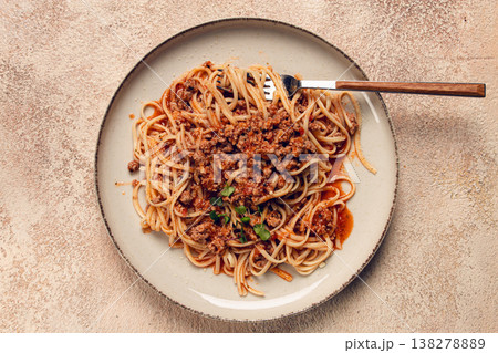 Spaghetti Bolognese, top view, close-up, without people, homemade, 138278889