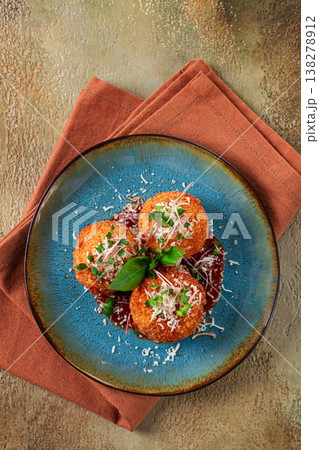 Crispy Arancini appetizer, with parmesan cheese and microgreens, plate, tomato sauce, homemade, no people, 138278912