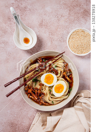 buckwheat noodles soba with shimeji mushrooms, with boiled egg, green onion, sesame seeds, homemade, without people, 138278918