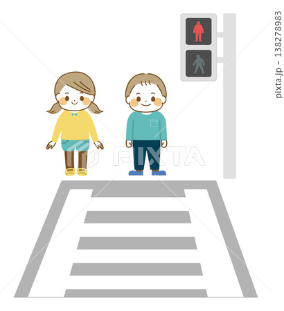 赤信号の横断歩道で待つ男の子と女の子のイラスト(正面) 赤信号の横断歩道で待つ男の子と女の子のイラスト(正面) 138278983