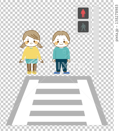 赤信号の横断歩道で待つ男の子と女の子のイラスト(正面) 赤信号の横断歩道で待つ男の子と女の子のイラスト(正面) 138278983