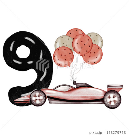 A watercolor racing car with a number card composition. Hand-drawn car template on a white background. Perfect for a racing-themed child's birthday party. 138279758