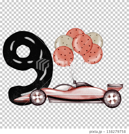 A watercolor racing car with a number card composition. Hand-drawn car template on a white background. Perfect for a racing-themed child's birthday party. A watercolor racing car with a number card composition. Hand-drawn car template on a white background. Perfect for a racing-themed child's birthday party. 138279758