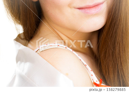 Woman in underwear shirt showing her shoulder Woman in underwear shirt showing her shoulder 138279885