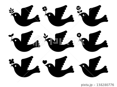 葉っぱや花を咥えた鳩の黒アイコンセット 138280776