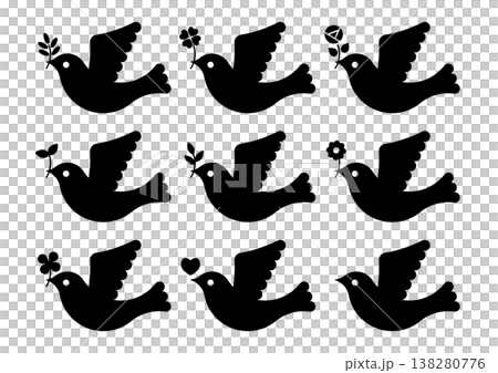 葉っぱや花を咥えた鳩の黒アイコンセット 138280776