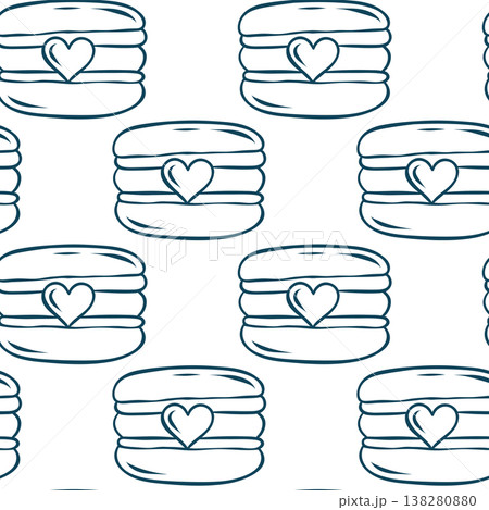 Macaron with heart decoration, simple pattern in Mediterranean blue line style. Hand-drawn romantic French pastry for Valentine's packaging or kitchen textiles Macaron with heart decoration, simple pattern in Mediterranean blue line style. Hand-drawn romantic French pastry for Valentine's packaging or kitchen textiles 138280880