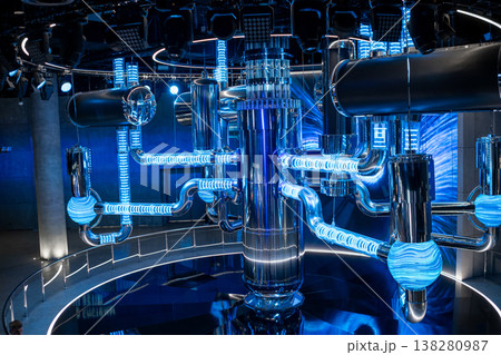 Innovative Water-Water Nuclear Reactor Model Showcased in a Modern Exhibition Space With a Futuristic Design and Blue Lighting Innovative Water-Water Nuclear Reactor Model Showcased in a Modern Exhibition Space With a Futuristic Design and Blue Lighting 138280987
