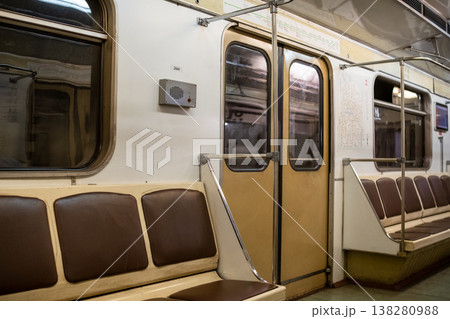 Quiet Subway Interior Showing Empty Seats and Doors in an Urban Transportation System During Off-Peak Hours in the City 138280988
