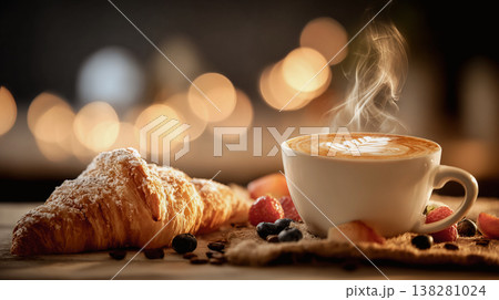 Freshly baked buttery croissant and steaming cup of coffee with milk on a wooden board. Warm morning sunlight with bokeh background. Concept for breakfast, cafe menu, bakery, and cozy lifestyle. Freshly baked buttery croissant and steaming cup of coffee with milk on a wooden board. Warm morning sunlight with bokeh background. Concept for breakfast, cafe menu, bakery, and cozy lifestyle. 138281024