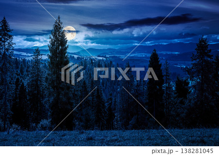 coniferous forest on the grassy slope at night. rolling mountain landscape in september in full moon light. mysterious cloudscape above the distant ridge. wanderlust through remote highlands coniferous forest on the grassy slope at night. rolling mountain landscape in september in full moon light. mysterious cloudscape above the distant ridge. wanderlust through remote highlands 138281045