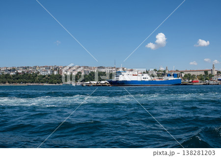 Beautiful Bosphorus View With a Ship Anchored on a Sunny Day Amidst the Vibrant City Skyline Along the Waterfront 138281203