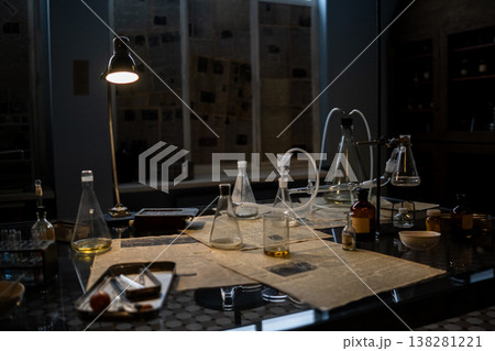 Laboratory Setup With Glassware and Equipment for Scientific Experimentation at Night in a Modern Space Laboratory Setup With Glassware and Equipment for Scientific Experimentation at Night in a Modern Space 138281221