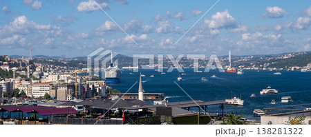 Bosphorus Coastline Bustling With Boats and Vibrant City Life During a Sunny Day in Istanbul 138281322