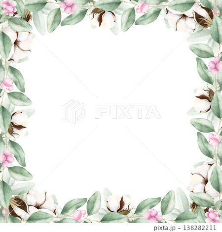 Cotton, eucalyptus leaves and snowberries square frame. Watercolor hand drawn illustration isolated on white. Botanical painting with copy space for greeting cards, wedding invitations, stationery. 138282211