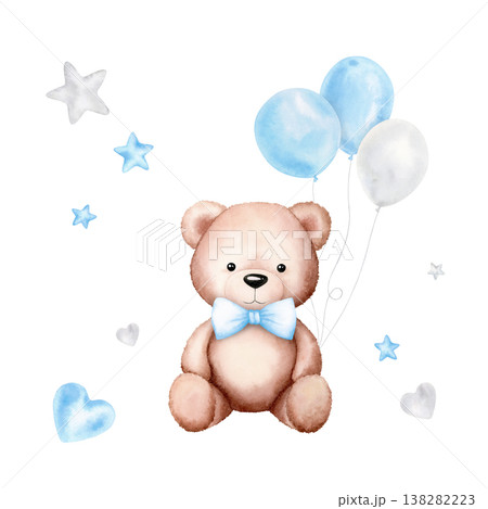 Cute teddy bear with blue balloons, stars, hearts. Hand painted watercolor illustration. Composition isolated on white. For baby shower invitations, greeting cards, birthday design, poster, stationery 138282223
