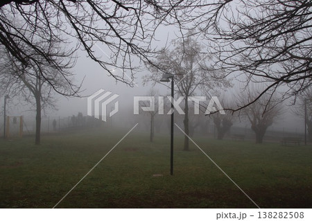 Misty tree-lined pathway in an Italian park during winter Misty tree-lined pathway in an Italian park during winter 138282508