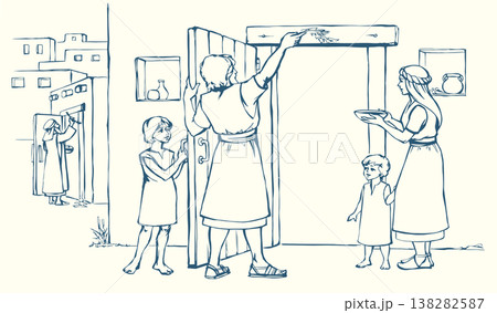 Vector drawing. The family fulfills God's command. Anoints the doorposts with the blood of the lamb Vector drawing. The family fulfills God's command. Anoints the doorposts with the blood of the lamb 138282587