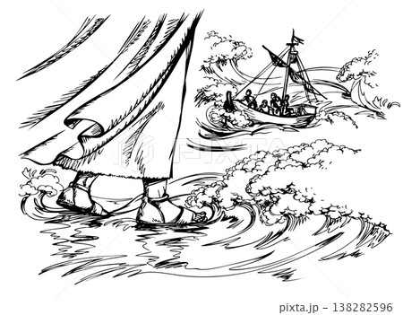 Vector drawing. Jesus walking on waves in a storm Vector drawing. Jesus walking on waves in a storm 138282596