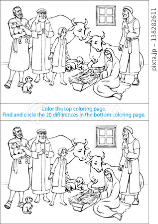 Vector coloring page. The shepherds come to the newborn Jesus. 138282611