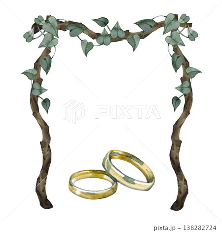 Elegant watercolor illustration featuring a rustic wooden arch adorned with a winding ivy vine and two gold wedding rings. This romantic composition is perfect for marriage ceremony invitations and Elegant watercolor illustration featuring a rustic wooden arch adorned with a winding ivy vine and two gold wedding rings. This romantic composition is perfect for marriage ceremony invitations and 138282724