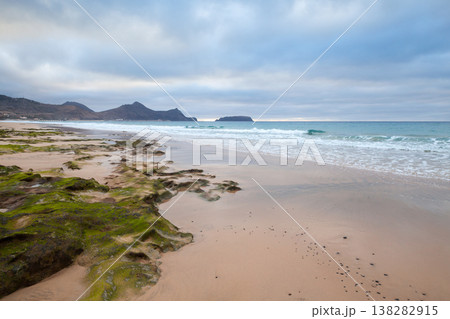Wet stones covered with green seaweed are on the beach of Porto Santo Wet stones covered with green seaweed are on the beach of Porto Santo 138282915