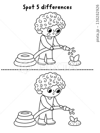 Garden black and white find differences game. Spring educational activity with boy gardener watering baby plant with hose. Line puzzle for kids. Printable worksheet, coloring page Garden black and white find differences game. Spring educational activity with boy gardener watering baby plant with hose. Line puzzle for kids. Printable worksheet, coloring page 138282926