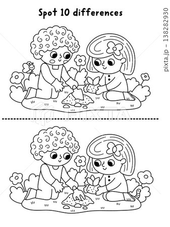 Garden black and white find differences game. Spring line educational activity with boy and girl planting seeds. Puzzle for kids. Printable worksheet, coloring page for logic, attention with nature Garden black and white find differences game. Spring line educational activity with boy and girl planting seeds. Puzzle for kids. Printable worksheet, coloring page for logic, attention with nature 138282930