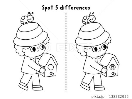 Garden black and white find differences game for children. Spring line educational activity with boy gardener going with birdhouse. Cute puzzle for kids. Printable worksheet, coloring page Garden black and white find differences game for children. Spring line educational activity with boy gardener going with birdhouse. Cute puzzle for kids. Printable worksheet, coloring page 138282933