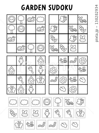 Vector black and white garden sudoku puzzle for kids with pictures. Line spring country house quiz with cut and glue elements. Education activity, coloring page with birdhouse, tools. Draw missing 138282934
