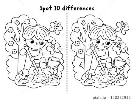 Garden black and white find differences game for children. Spring line educational activity with boy gardener digging ground, planting seedling. Puzzle for kids. Printable worksheet, coloring page Garden black and white find differences game for children. Spring line educational activity with boy gardener digging ground, planting seedling. Puzzle for kids. Printable worksheet, coloring page 138282936