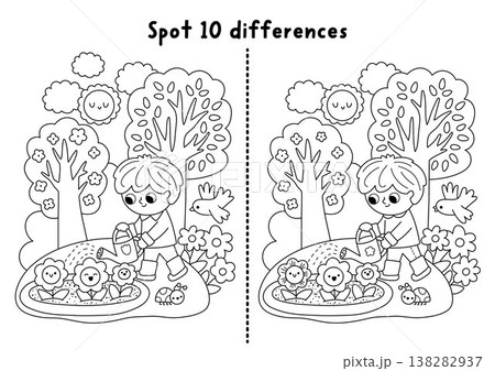 Garden black and white find differences game for children. Spring line educational activity with boy gardener watering flower. Puzzle for kids. Printable worksheet, coloring page, nature scene Garden black and white find differences game for children. Spring line educational activity with boy gardener watering flower. Puzzle for kids. Printable worksheet, coloring page, nature scene 138282937