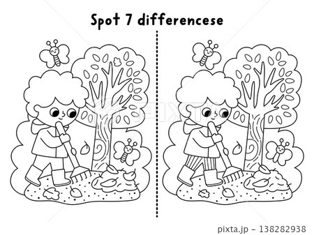 Garden black and white find differences game. Spring line educational activity with boy gardener raking leaves with rake. Puzzle for kids. Printable worksheet, coloring page, nature scene 138282938