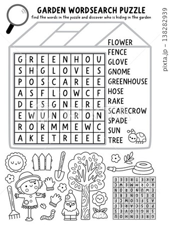 Vector black and white garden word search puzzle for kids. Wordsearch line quiz shaped as greenhouse with scarecrow, tree, flower, hose, rake. Spring educational cross word activity, coloring page Vector black and white garden word search puzzle for kids. Wordsearch line quiz shaped as greenhouse with scarecrow, tree, flower, hose, rake. Spring educational cross word activity, coloring page 138282939